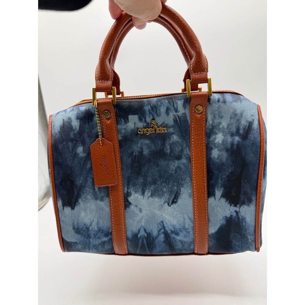 Angel Kiss Satchel Handbag Blue Tie Dye Denim Print Cognac Brown Trim Gold Tone - Picture 12 of 13
